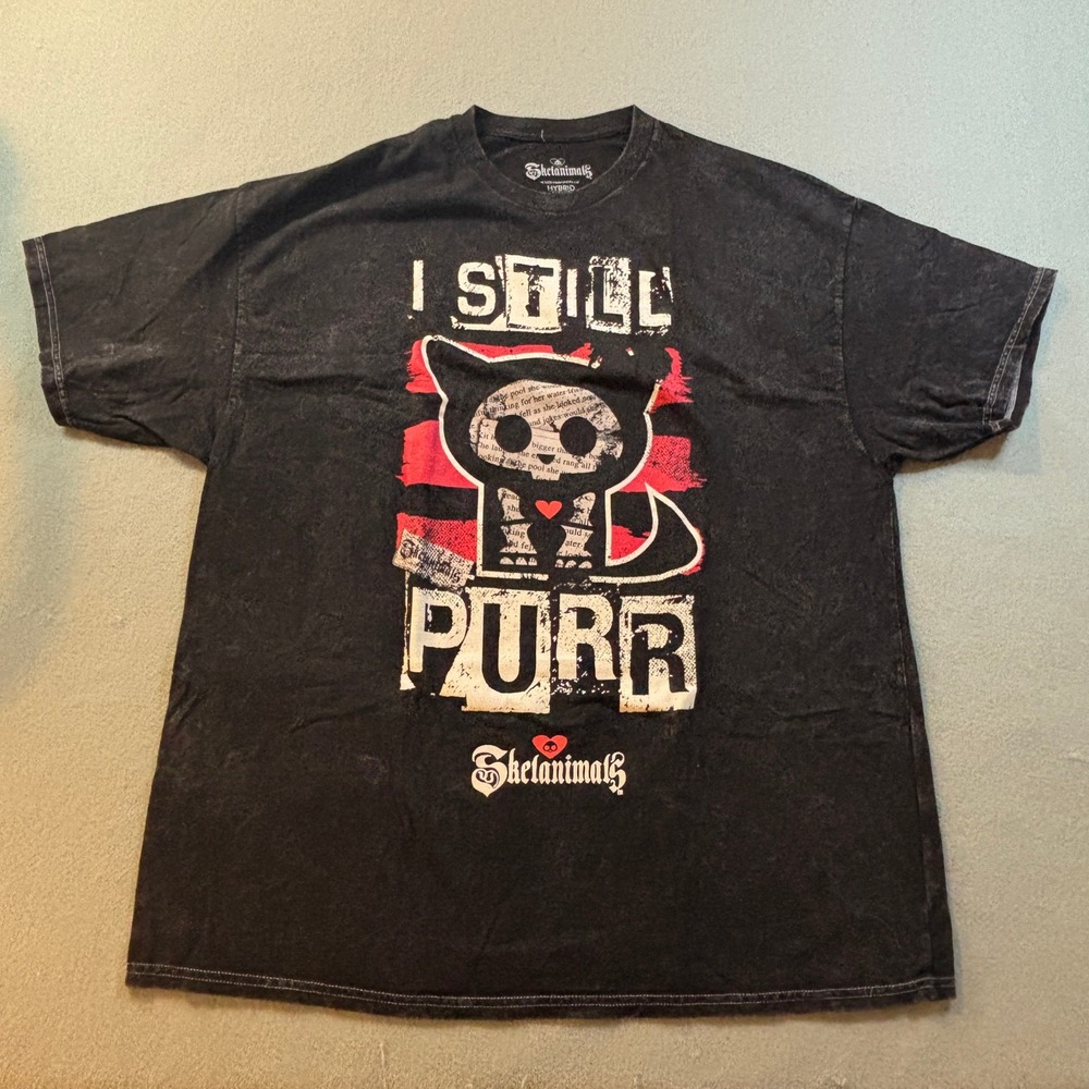 Skelanimals I Still Purr Graphic T-Shirt Mens XXL Black Acid Wash Emo Goth Y2K